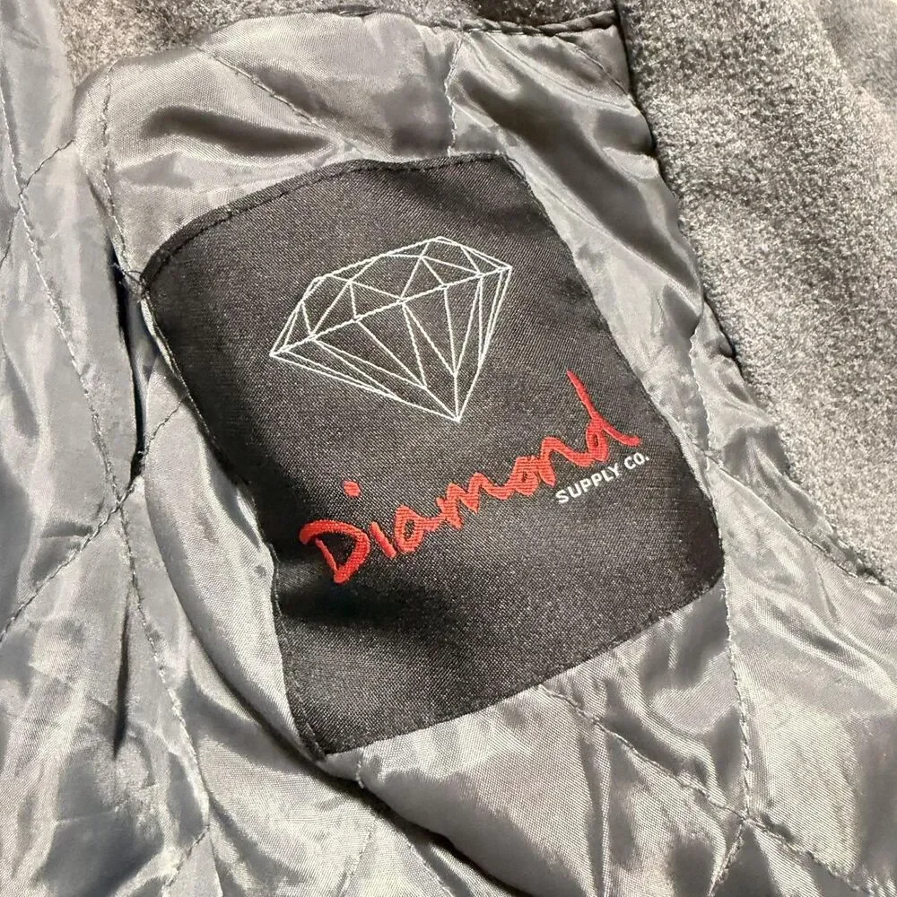 Diamond Supply Co. Jacket Mens Large Gray Fleece Varsity Snap Button Lined